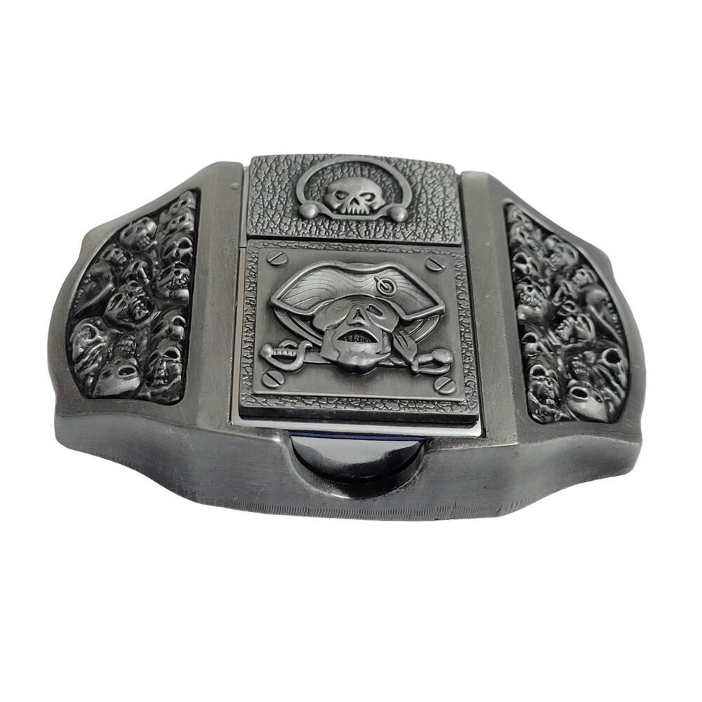 Antique Silver Finish Metal Pirate Skulls Lighter Belt Buckle - - Picture 3 of 10